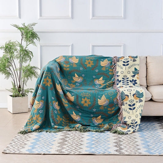 BIRCHFOLD – Reversible cotton blanket in Scandinavian style with bird motif