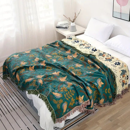 BIRCHFOLD – Reversible cotton blanket in Scandinavian style with bird motif