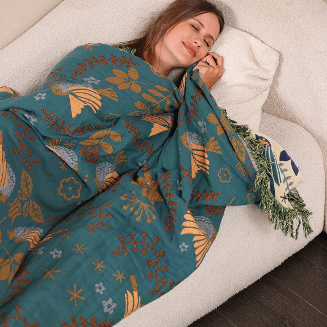 BIRCHFOLD – Reversible cotton blanket in Scandinavian style with bird motif
