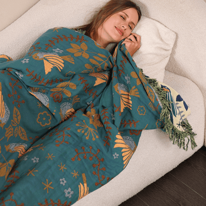 BIRCHFOLD – Reversible cotton blanket in Scandinavian style with bird motif