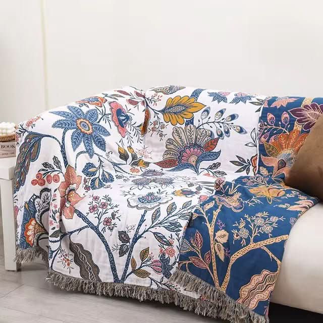 CottonBloom Blanket – Rustic Cotton Blanket with Floral Pattern, Reversible Design