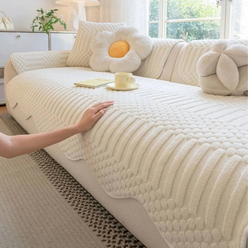 PLUSHCREAM – Thick Tuft Fleece Sofa Cover for Warm Winter Coziness