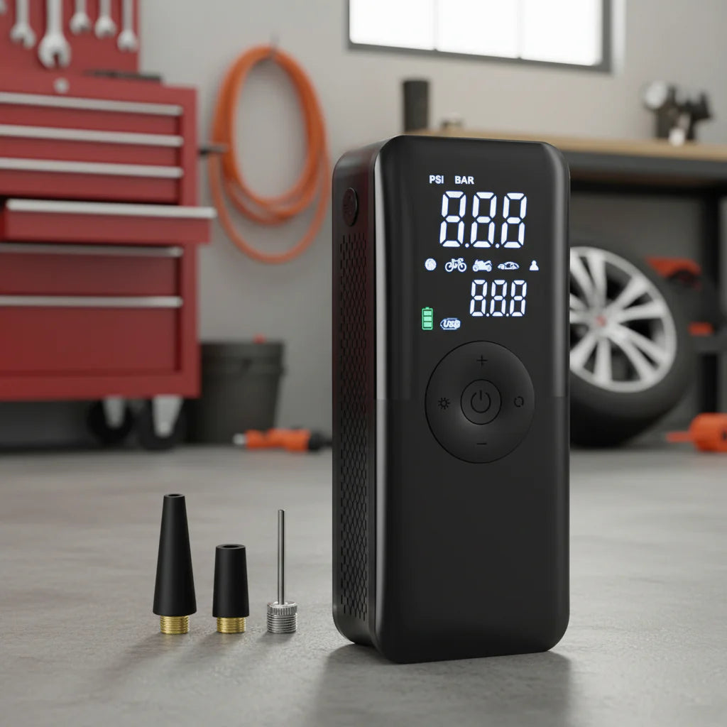 Portable Tire Inflator - Portable rechargeable air pump with 150 PSI for car & bike