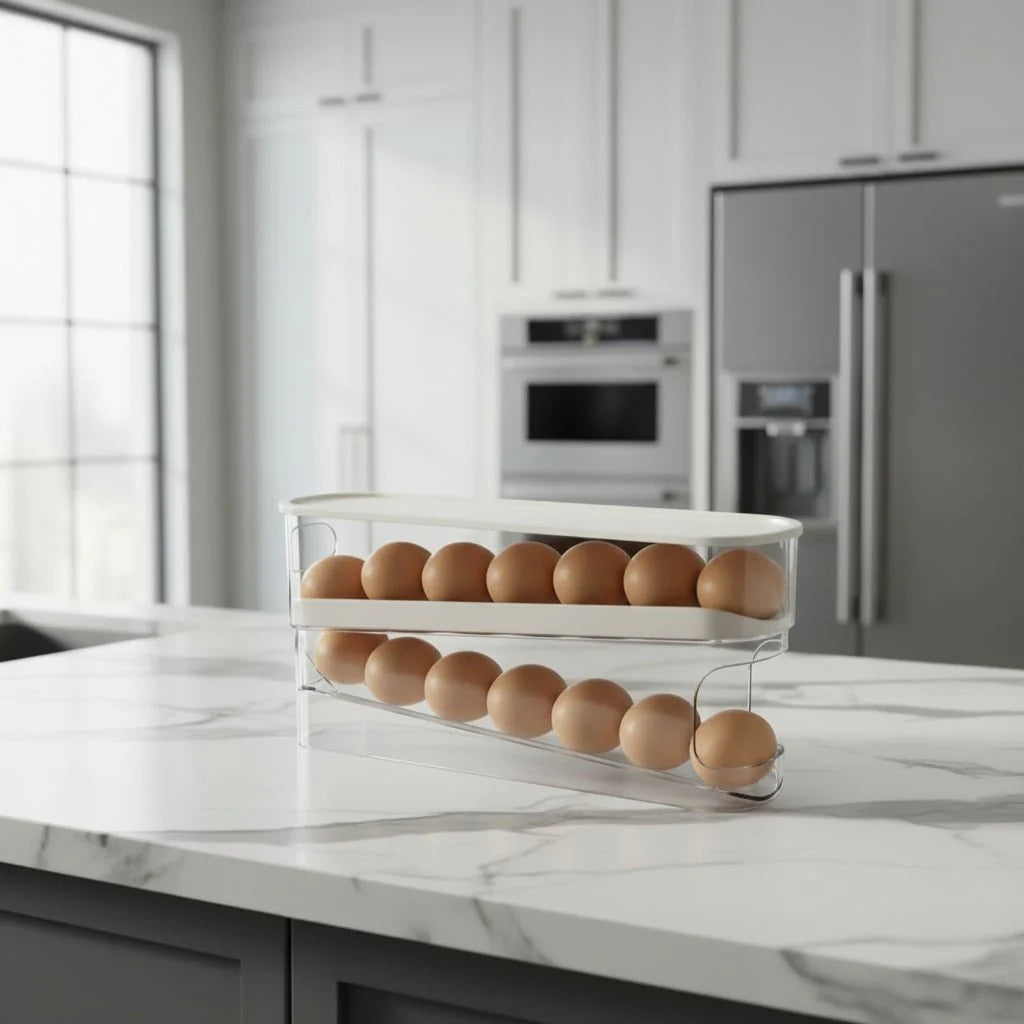 FLOWSTACK – Automatic rolling 2-layer egg organizer for refrigerators