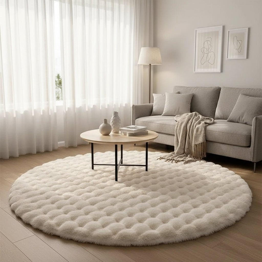NORDILOFT – Fluffy, round polyester rug for cozy Scandinavian living spaces