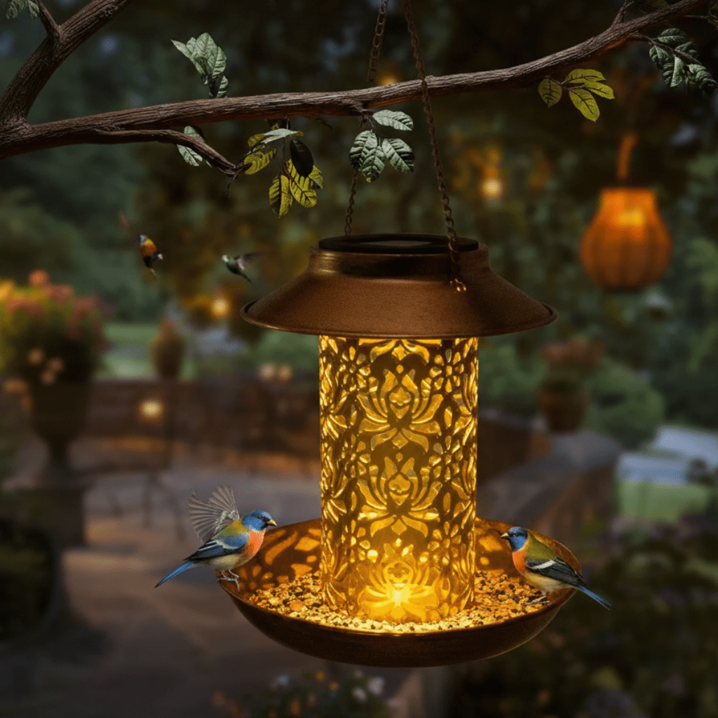 LUMIBLOOM – LED-illuminated solar bird feeder station for decorative garden areas