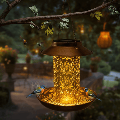 LUMIBLOOM – LED-illuminated solar bird feeder station for decorative garden areas