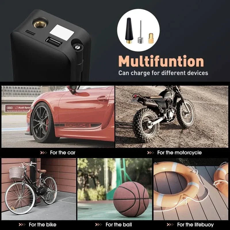 Portable Tire Inflator - Portable rechargeable air pump with 150 PSI for car & bike