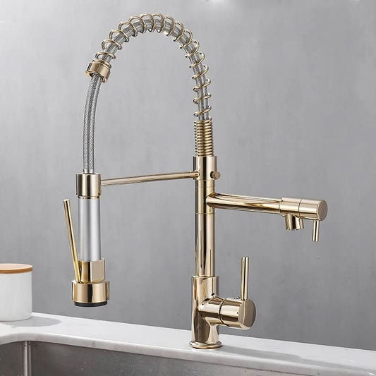 DUALFLOW Kitchen Tap - Modern kitchen tap with double spout & elegant black and gold finish