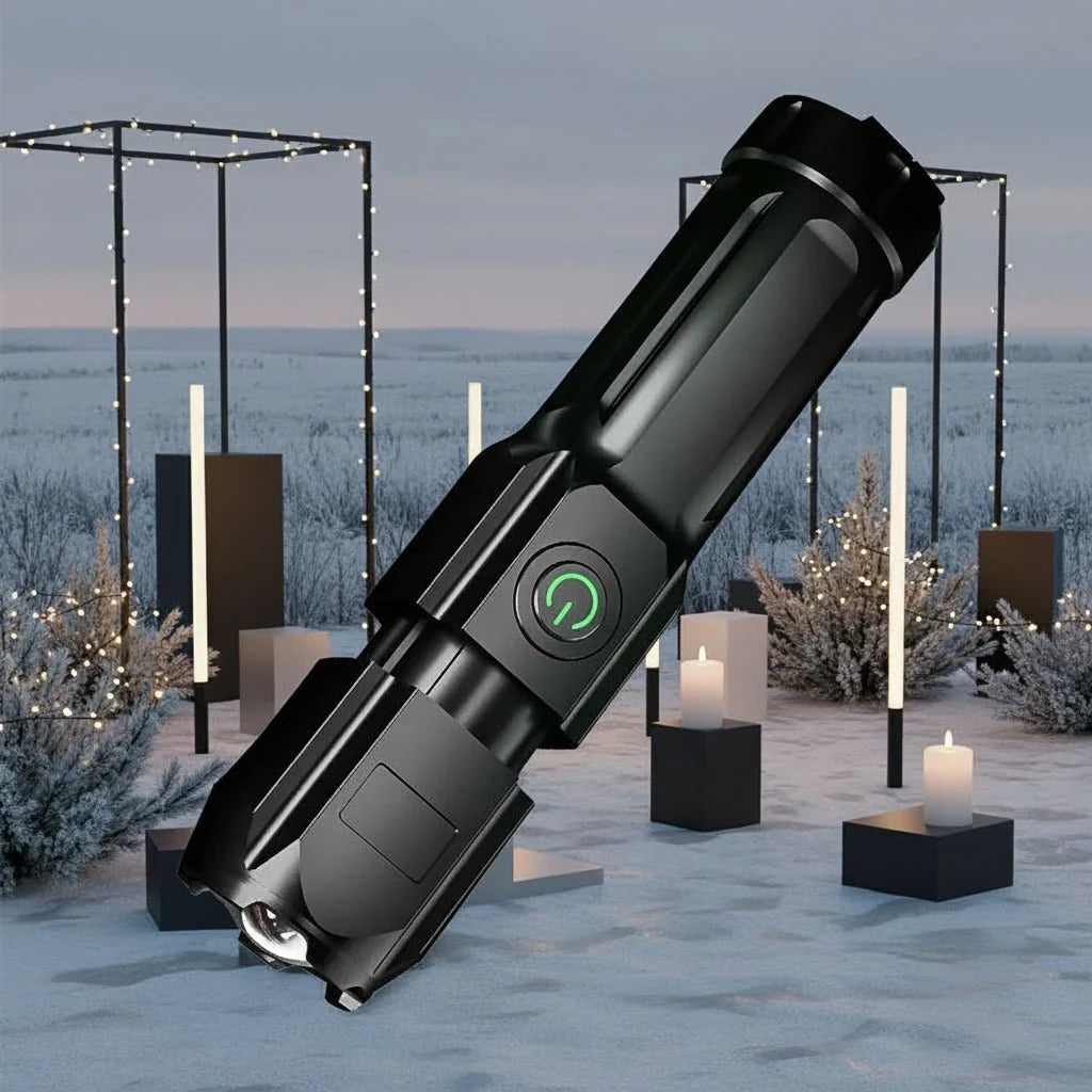 LUMATRON – Powerful LED Flashlight with 100000 Lumens, USB Charging & Waterproof Zoom Design