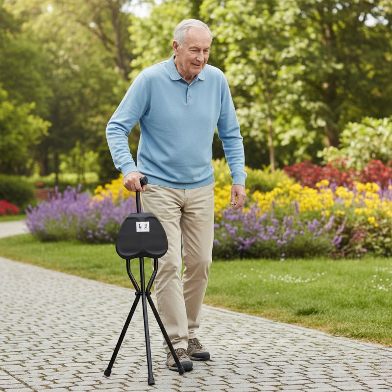 SEATWALK – Foldable walking stick with integrated seat for comfort on the go