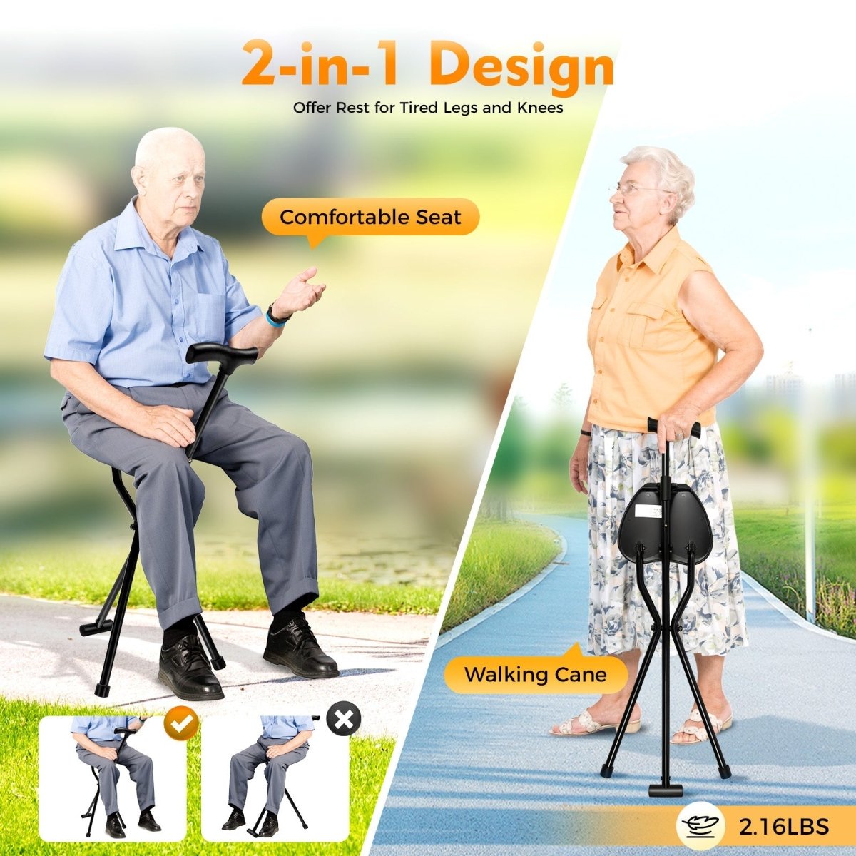 SEATWALK – Foldable walking stick with integrated seat for comfort on the go