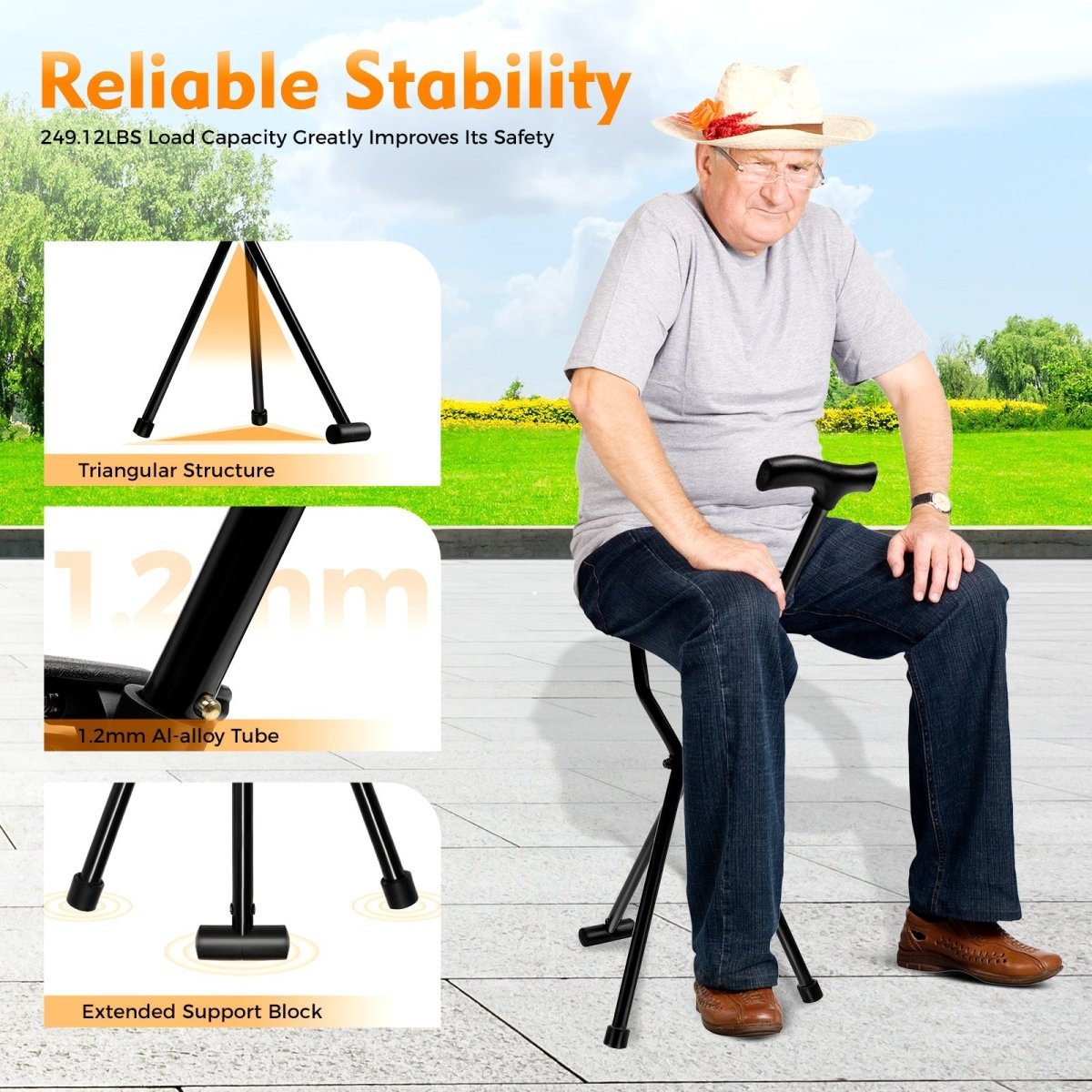SEATWALK – Foldable walking stick with integrated seat for comfort on the go
