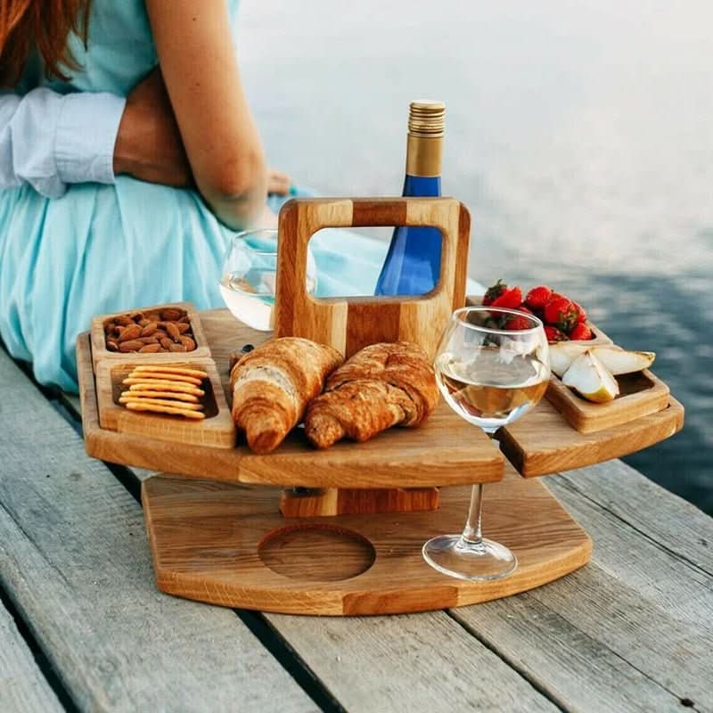 Portable Wooden Picnic Table - Foldable wooden table with glass holders & snack compartments for garden, beach & outdoor use