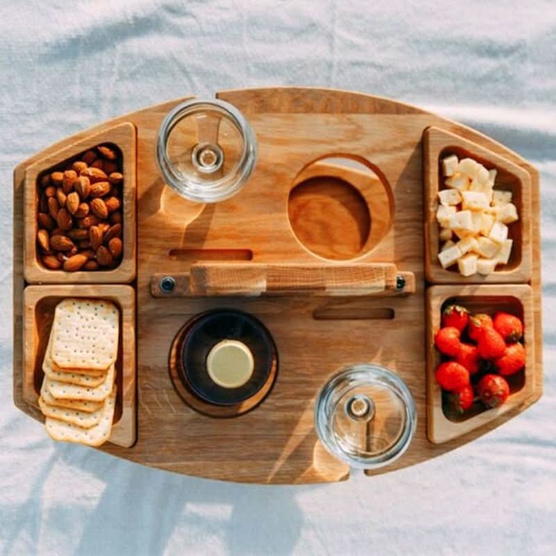 Portable Wooden Picnic Table - Foldable wooden table with glass holders & snack compartments for garden, beach & outdoor use
