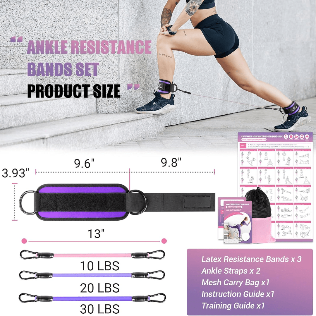 Flextone Resistance Bands - resistance bands for buttocks & hips with ankle strap & training poster