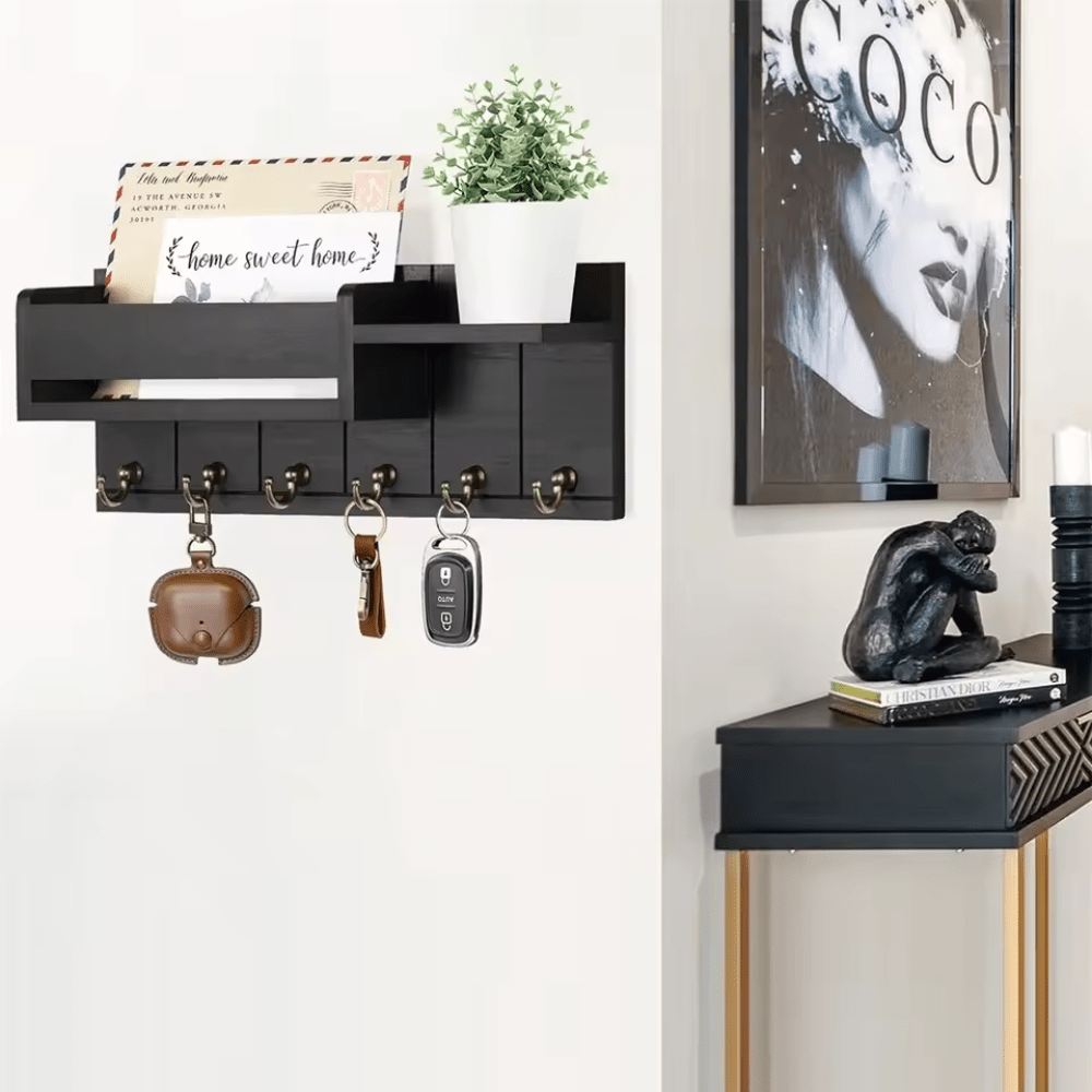 POSTNEST – Stylish Solid Wood Wall Organizer with Hooks and Mail Holder
