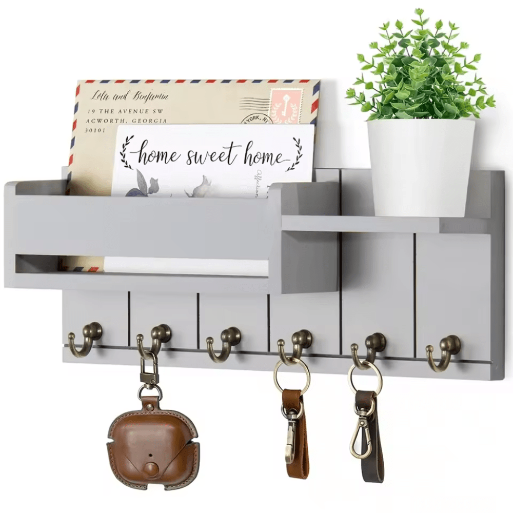 POSTNEST – Stylish Solid Wood Wall Organizer with Hooks and Mail Holder
