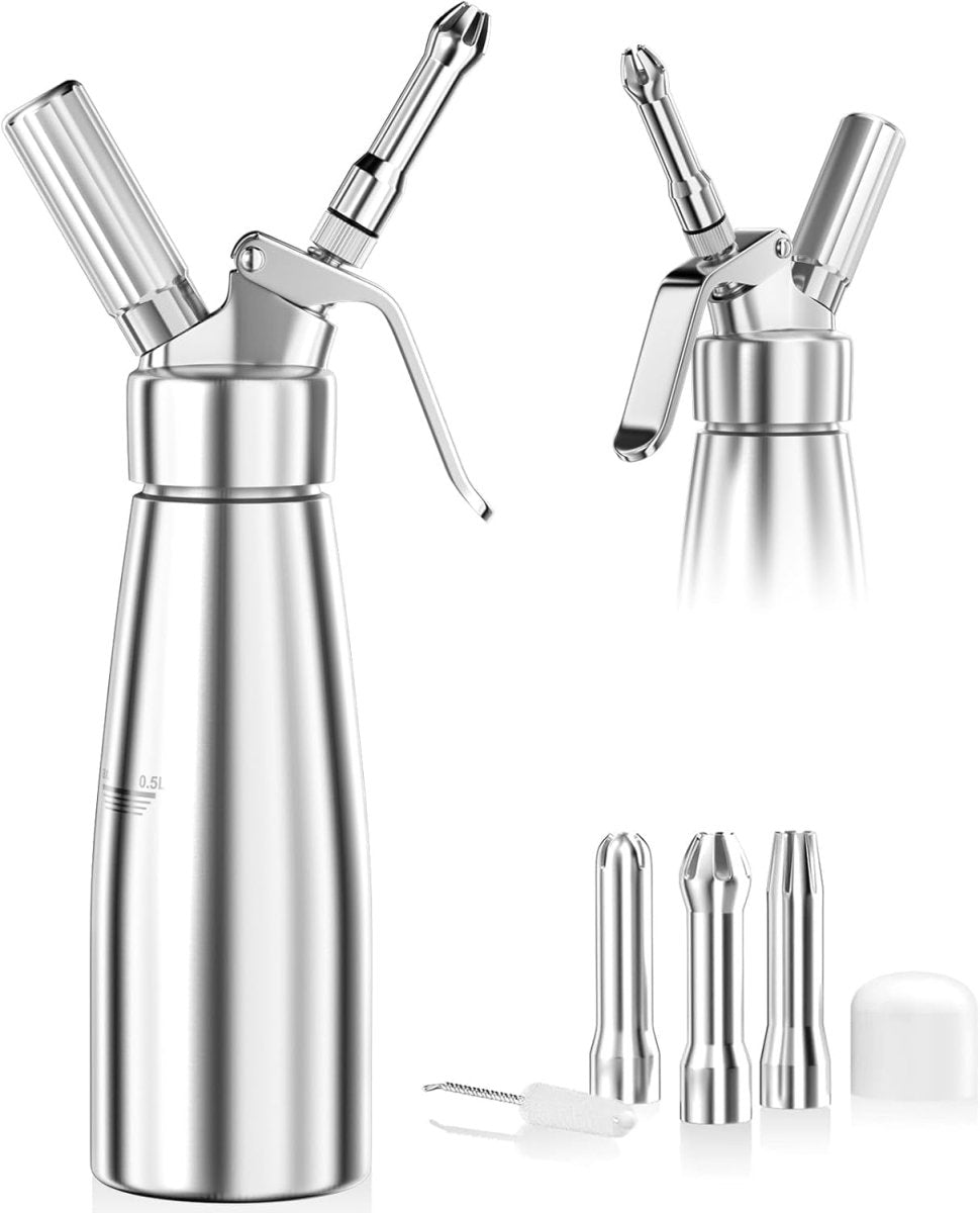 MOUSSTRIQ – 500 ml aluminum cream dispenser with 3 decorative nozzles