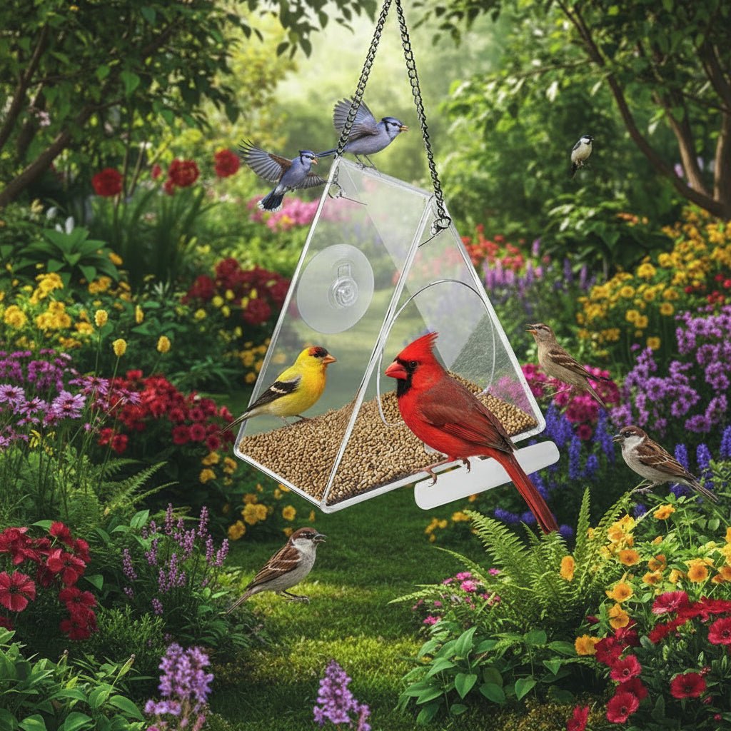 TRIFEED – Acrylic bird feeder for outdoors, triangular wind protection design