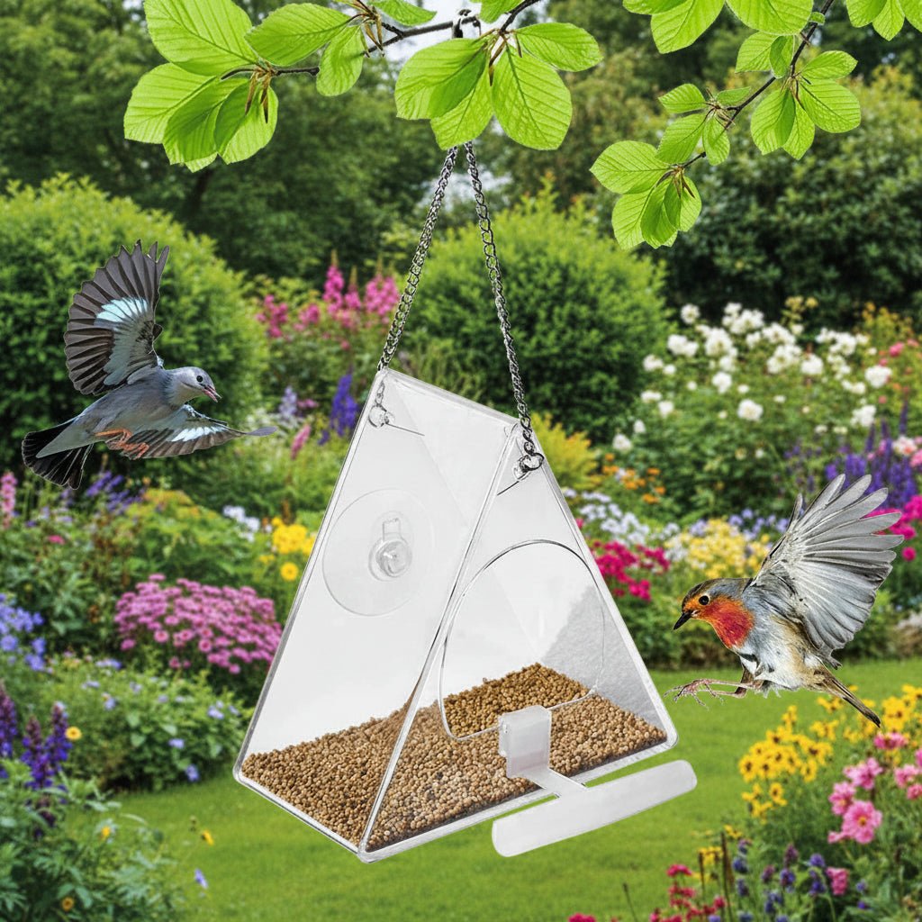 TRIFEED – Acrylic bird feeder for outdoors, triangular wind protection design