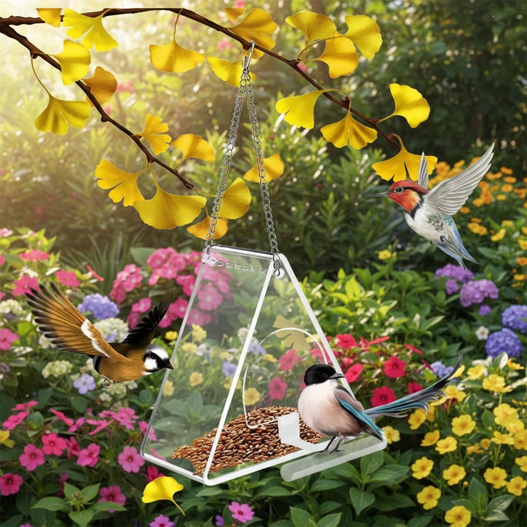 TRIFEED – Acrylic bird feeder for outdoors, triangular wind protection design
